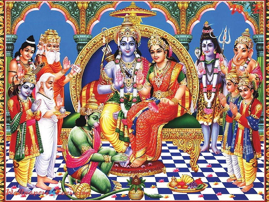 Traditional Indian Painting of Lord Rama and Sita Coronation Ceremony with Deities HD wallpaper