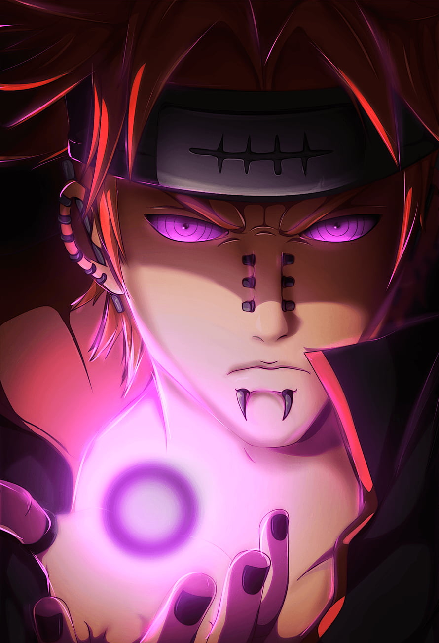 Pain from Naruto wielding purple chakra energy with glowing eyes and piercings HD phone wallpaper