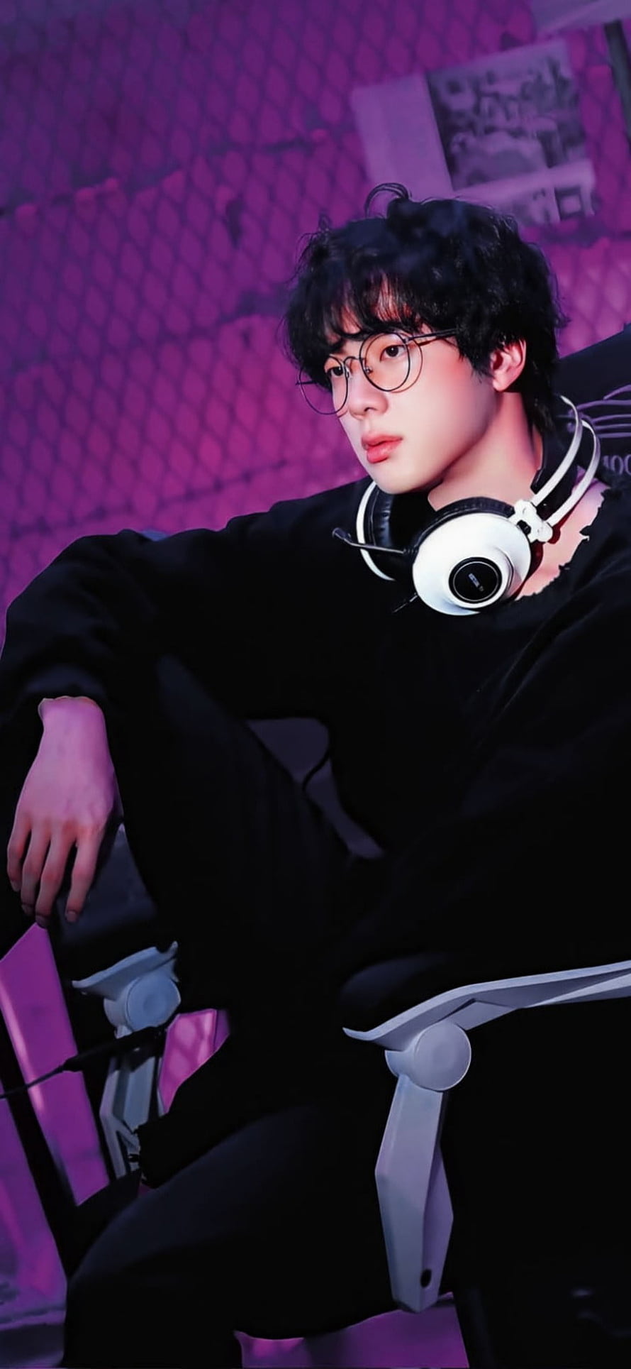 Kim Seokjin of BTS in Black Attire with White Headphones Against Purple Background HD phone wallpaper