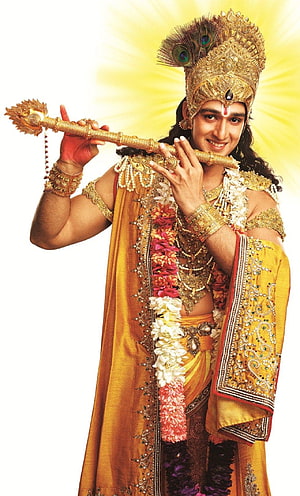 Krishna Playing Flute With Peacock Feather Crown And Golden Jewelry HD phone wallpaper