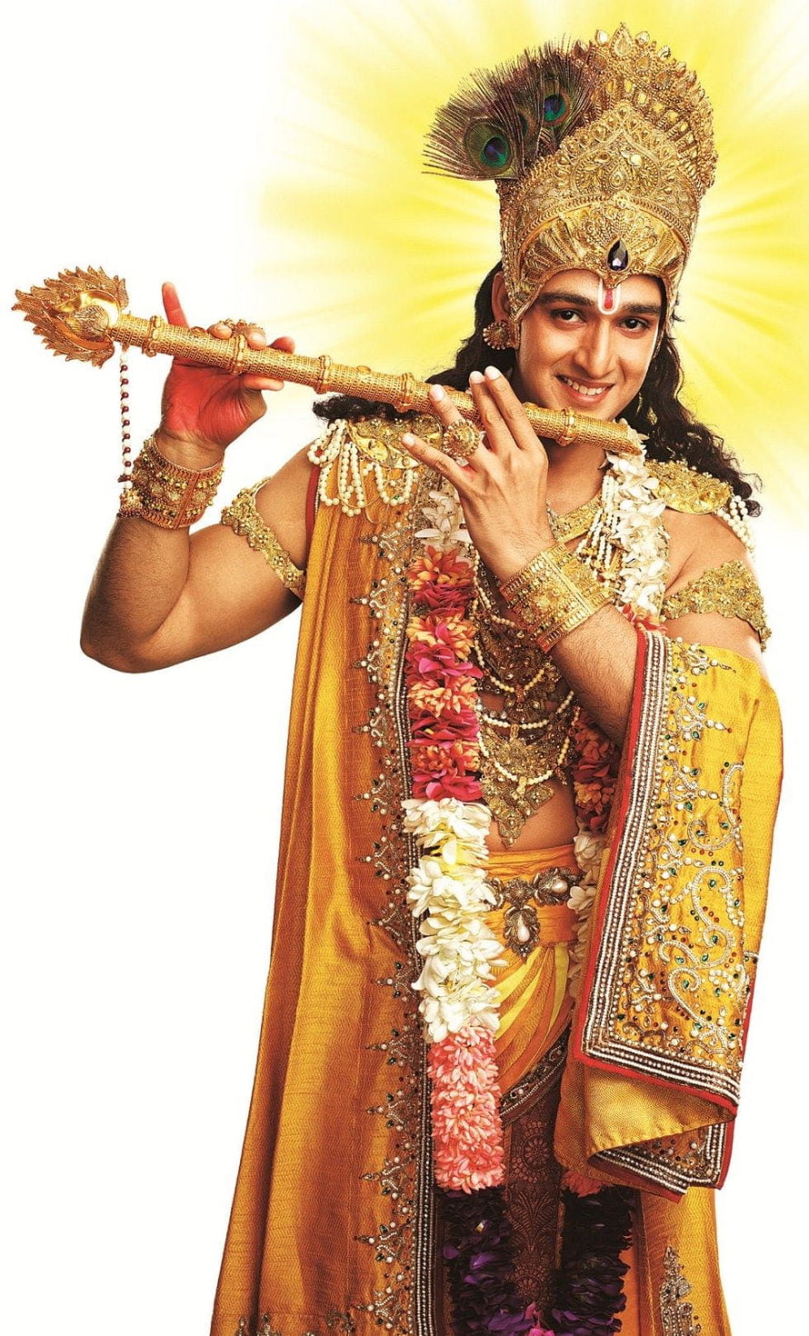 Krishna Playing Flute With Peacock Feather Crown And Golden Jewelry HD phone wallpaper