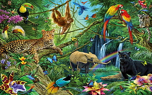 Vibrant Tropical Rainforest Wildlife Scene Featuring Leopard, Elephant, and Colorful Birds HD wallpaper