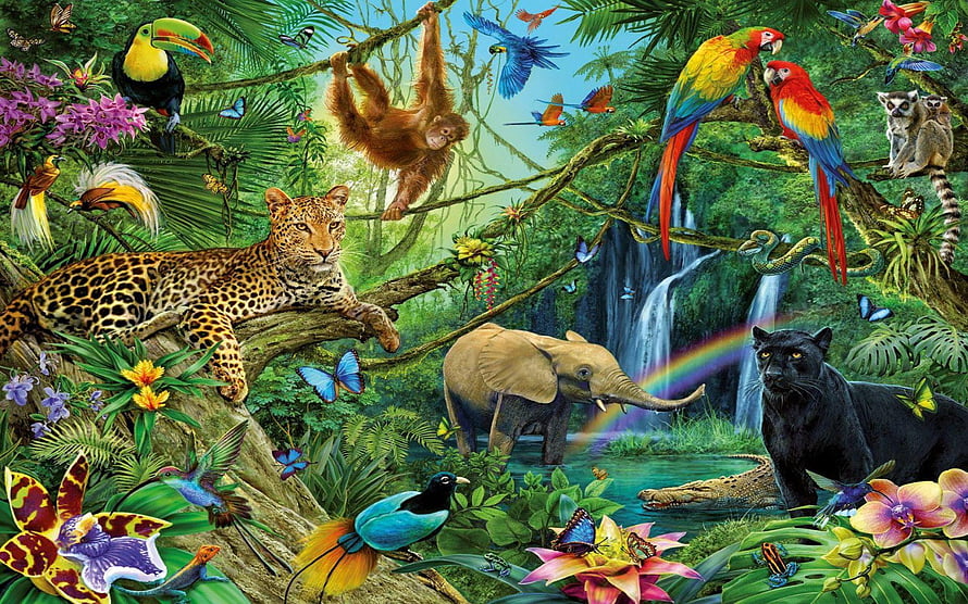Vibrant Tropical Rainforest Wildlife Scene Featuring Leopard, Elephant, and Colorful Birds HD wallpaper