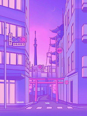 Lo-fi Anime Tokyo Street with Torii Gate and Cat HD phone wallpaper