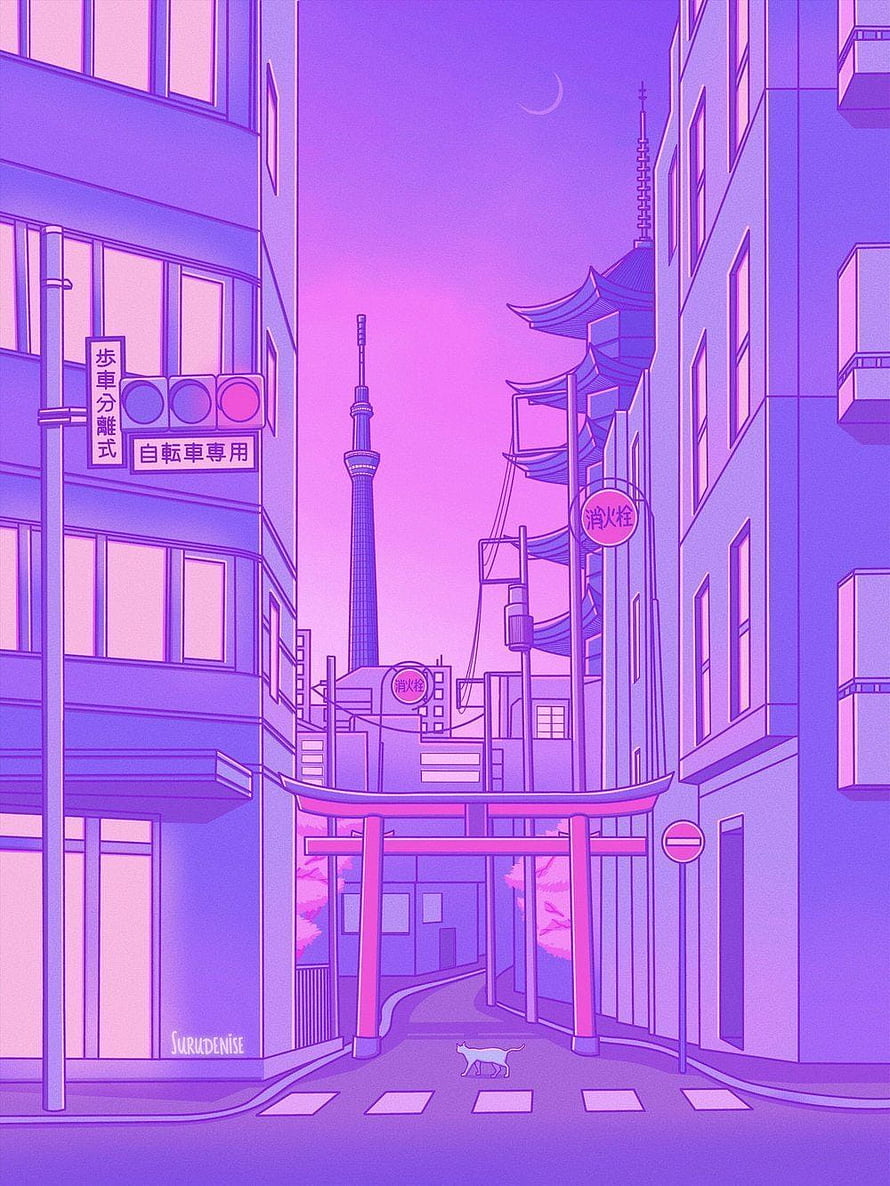 Lo-fi Anime Tokyo Street with Torii Gate and Cat HD phone wallpaper