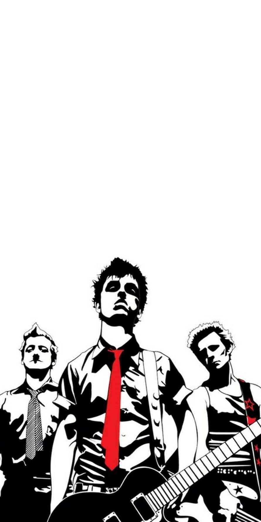 Green Day Band Members High Contrast Black and White Illustration with Red Tie Accent HD phone wallpaper