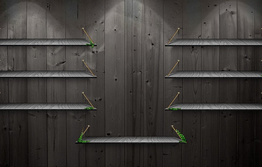 Dark Wood Wall With Empty Shelves And Green Moss Accents HD wallpaper