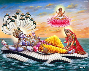 Lord Vishnu resting on the serpent Shesha with Lakshmi and baby Krishna emerging from a lotus HD wallpaper