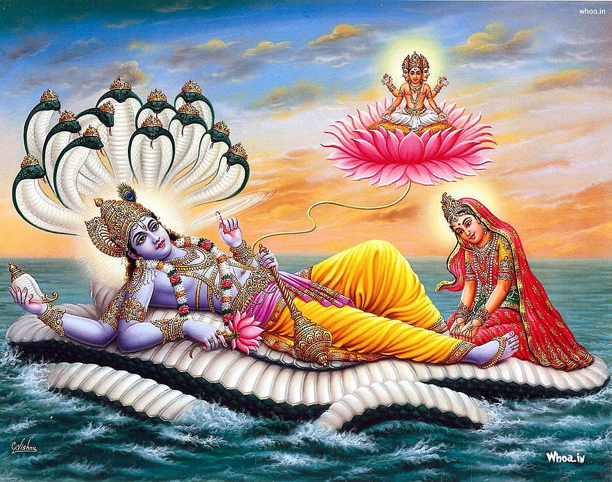 Lord Vishnu resting on the serpent Shesha with Lakshmi and baby Krishna emerging from a lotus HD wallpaper