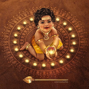 Baby Lord Murugan Holding Diya Candle Surrounded by Rangoli Pattern and Gold Spear HD phone wallpaper