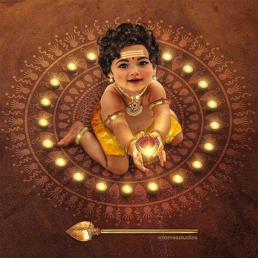 Baby Lord Murugan Holding Diya Candle Surrounded by Rangoli Pattern and Gold Spear HD phone wallpaper