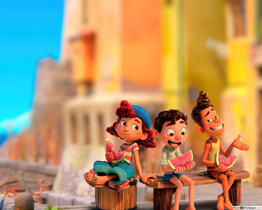 Luca, Alberto, and Giulia enjoying watermelon slices on a sunny Italian coastal street in the Pixar film HD wallpaper