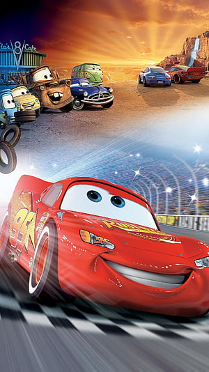 Lightning McQueen Racing at the Checkered Finish Line in Cars 2006 HD phone wallpaper
