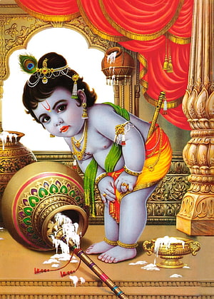 Baby Krishna Stealing Butter in Traditional Indian Art Style HD phone wallpaper