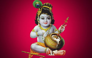Baby Krishna Stealing Butter from a Pot with Peacock Feather Crown HD wallpaper