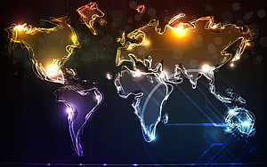 Glowing Neon World Map with Abstract Light Trails and Digital Circuit Background HD wallpaper