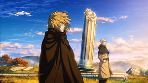 Thorfinn and Askeladd in a Golden Field with a Glowing Pillar from Vinland Saga HD wallpaper