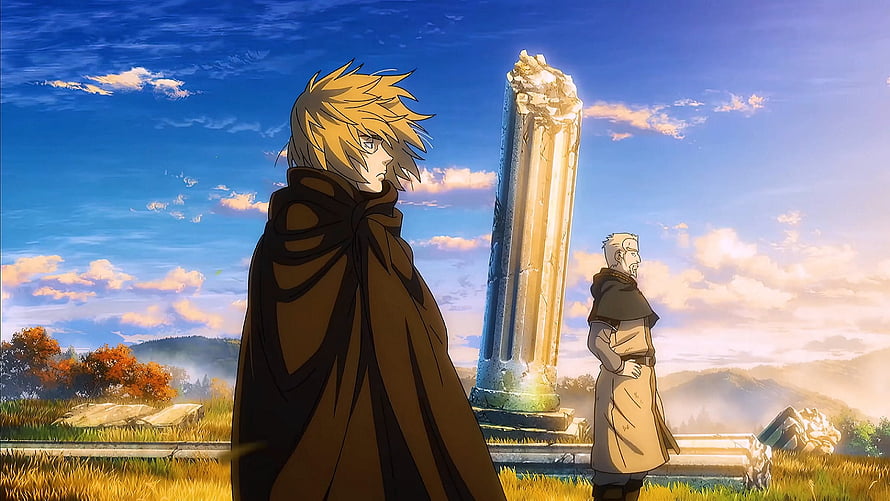 Thorfinn and Askeladd in a Golden Field with a Glowing Pillar from Vinland Saga HD wallpaper