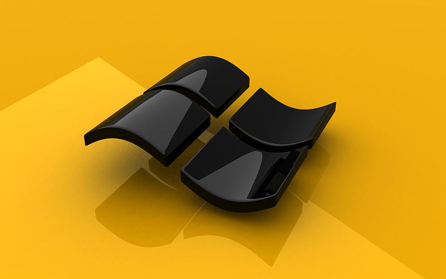 Glossy Black Microsoft Windows Logo on Vibrant Yellow Background HD wallpaper