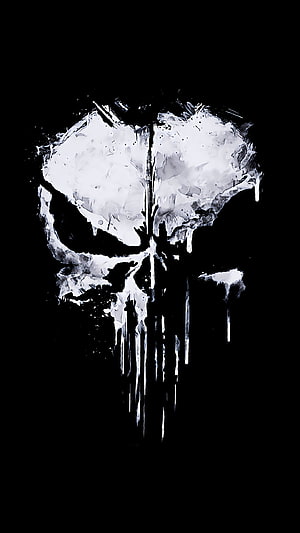 The Punisher Skull Logo in Grungy White Paint Drip Style on Black Background HD phone wallpaper
