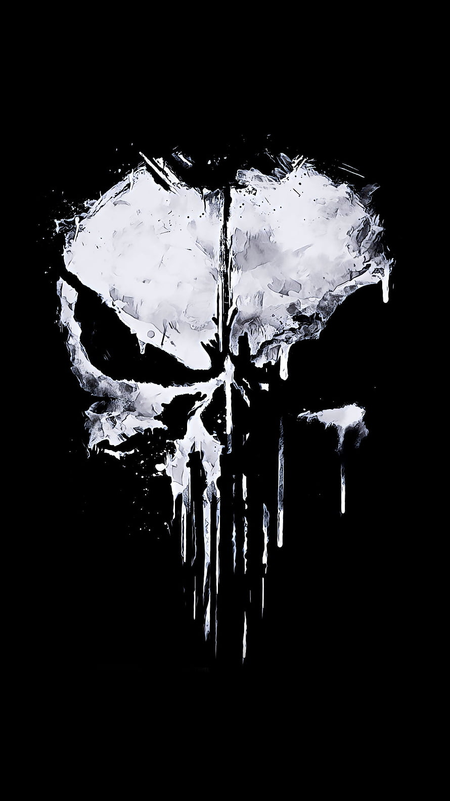 The Punisher Skull Logo in Grungy White Paint Drip Style on Black Background HD phone wallpaper