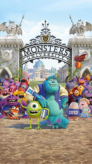 Monsters University Movie Poster Featuring Sulley and Mike Wazowski at the Campus Gate HD phone wallpaper