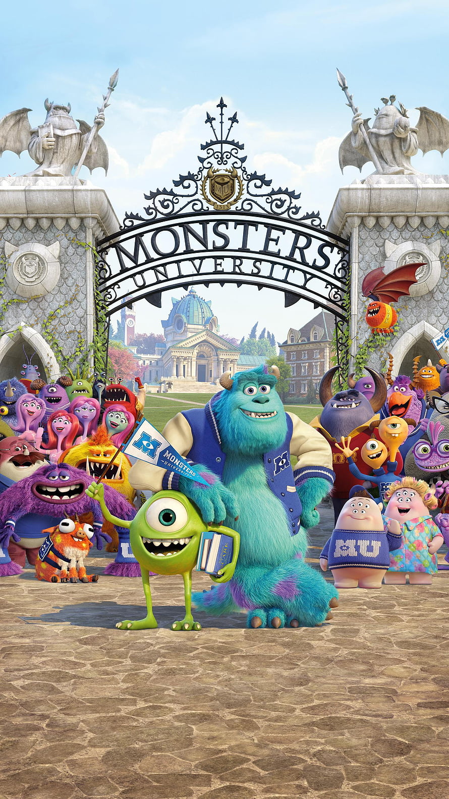 Monsters University Movie Poster Featuring Sulley and Mike Wazowski at the Campus Gate HD phone wallpaper