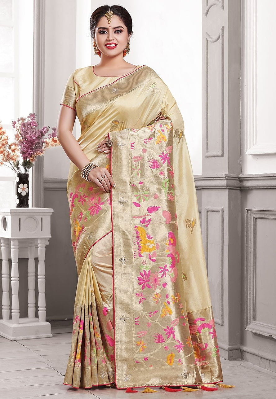 Elegant Cream Silk Saree With Vibrant Pink Floral Embroidery And Gold Border HD phone wallpaper