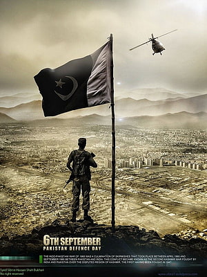 Soldier Standing on Hilltop with Pakistan Flag and Military Helicopter Over City HD phone wallpaper