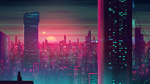 Neon Cyberpunk Cityscape at Sunset with Skyscrapers and Futuristic Architecture HD wallpaper