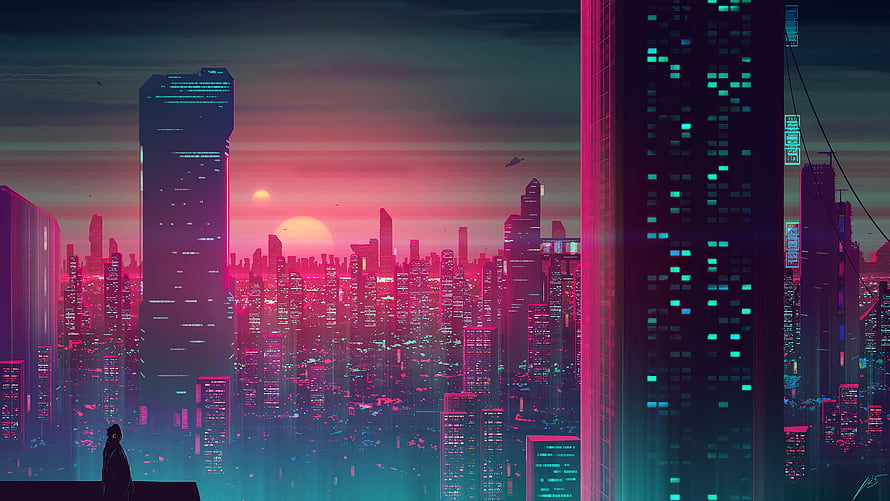 Neon Cyberpunk Cityscape at Sunset with Skyscrapers and Futuristic Architecture HD wallpaper