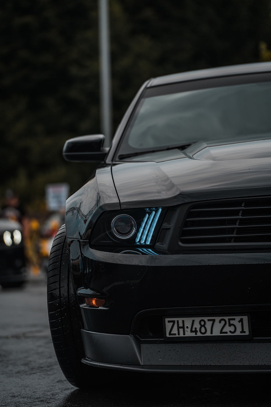 Close-up of a black Ford Mustang Shelby GT500 with blue racing stripes on the headlights HD phone wallpaper
