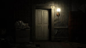 Eerie Abandoned Room With Old Wooden Door And Single Wall Sconce HD wallpaper