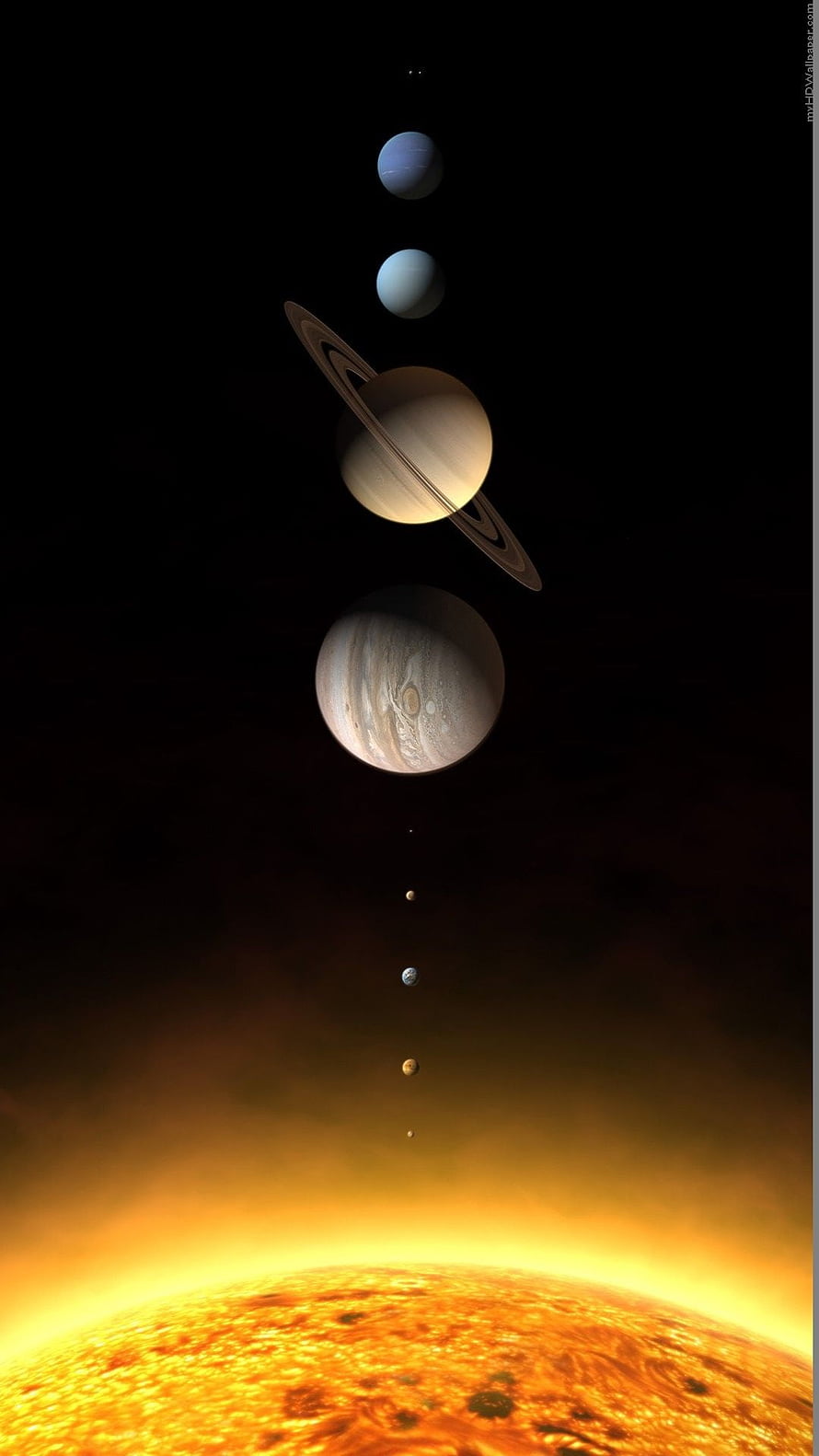Vertical Solar System Planets Arranged Above the Sun Surface in Deep Space HD phone wallpaper