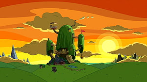 Adventure Time Treehouse Landscape at Sunset with Rolling Hills and Distant Mountains HD wallpaper