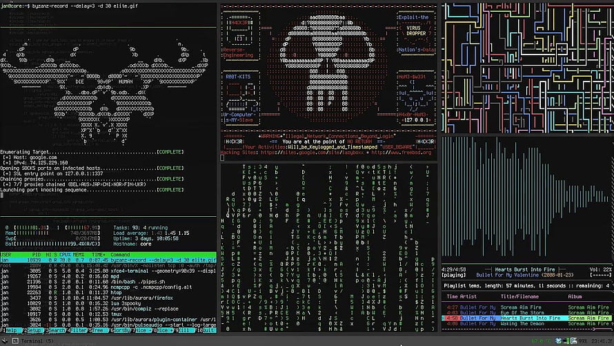 Cyberpunk Hacker Dashboard Interface With Terminal Code, ASCII Art, And Audio Visualizer HD wallpaper