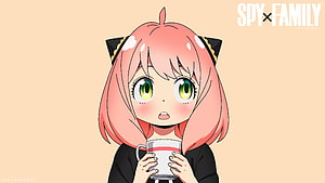 Anya Forger from Spy x Family Holding a Mug in Cat Ears Costume HD wallpaper