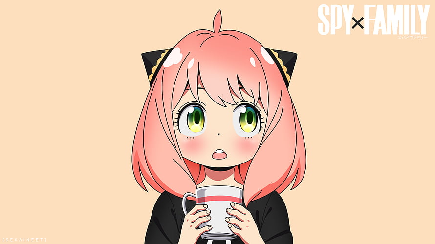 Anya Forger from Spy x Family Holding a Mug in Cat Ears Costume HD wallpaper