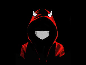 Devil Boy Minimalist Hooded Character with Horns and Mask on Black Background HD wallpaper