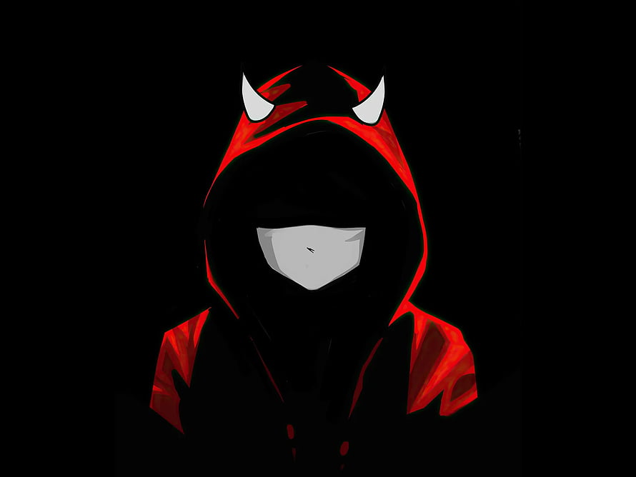 Devil Boy Minimalist Hooded Character with Horns and Mask on Black Background HD wallpaper