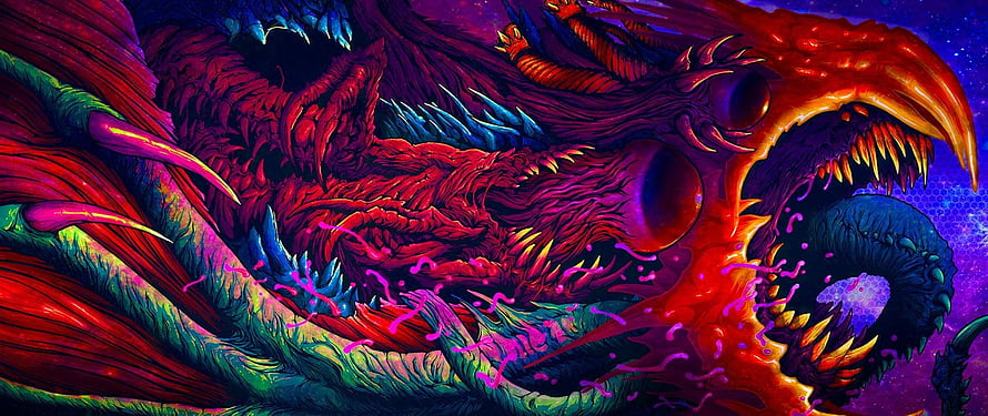 Vibrant Neon Dragon Head Illustration With Sharp Claws And Cosmic Background HD wallpaper