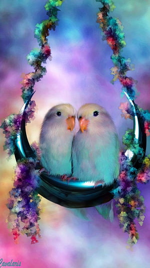 Two Lovebirds Nestled in a Crescent Moon Swing Surrounded by Colorful Flowers HD phone wallpaper