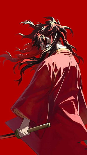 Akaza from Demon Slayer Anime in Red Kimono Holding Sword HD phone wallpaper