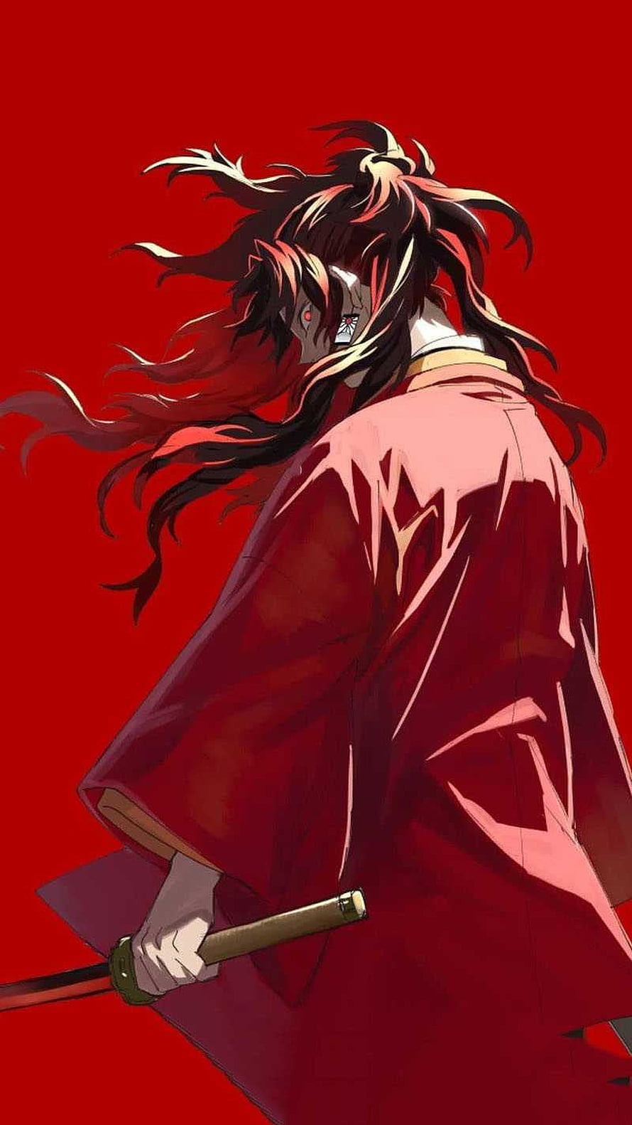 Akaza from Demon Slayer Anime in Red Kimono Holding Sword HD phone wallpaper
