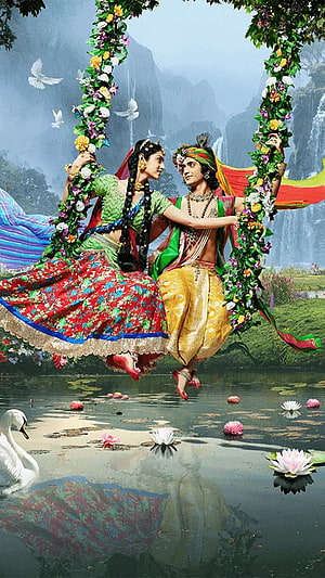 Radha and Krishna on a Floral Swing in a Serene Pond with Swans and Water Lilies HD phone wallpaper