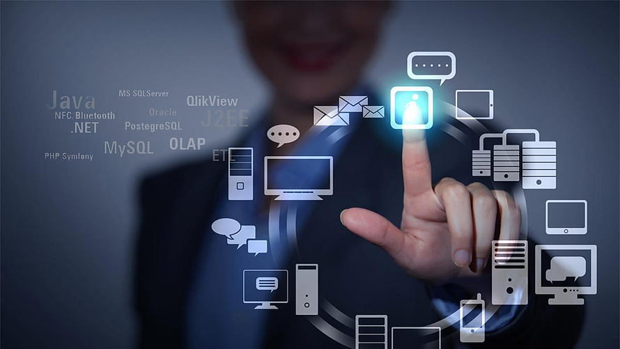 Businessman Interacting With Digital Technology Interface And Software Icons, Software Development Code - at HD wallpaper