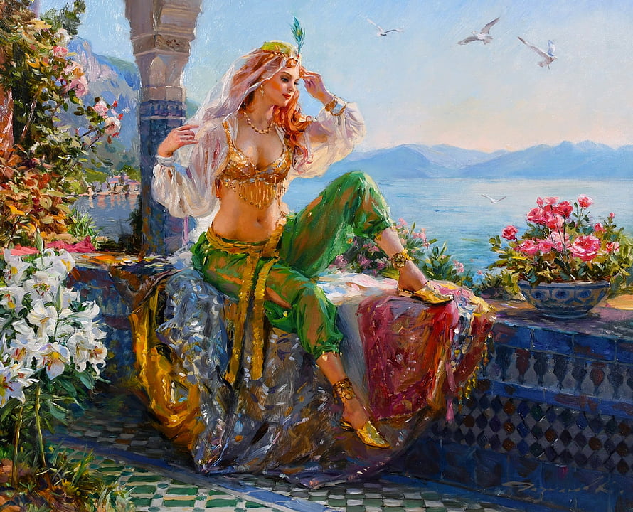 Oil Painting of a Beautiful Woman in Green Harem Pants on a Mediterranean Balcony, Odalisque, harem, art, exotic, beautiful, girl, woman, digital, painting, fantasy HD wallpaper