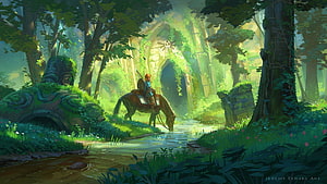 Zelda Breath of the Wild Fantasy Forest Landscape with Ancient Ruins and Rider HD wallpaper