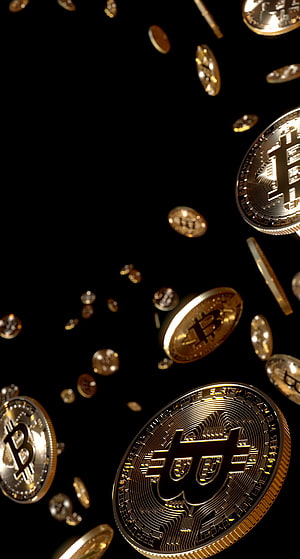 Golden Bitcoin Coins Falling Against a Dark Background HD phone wallpaper