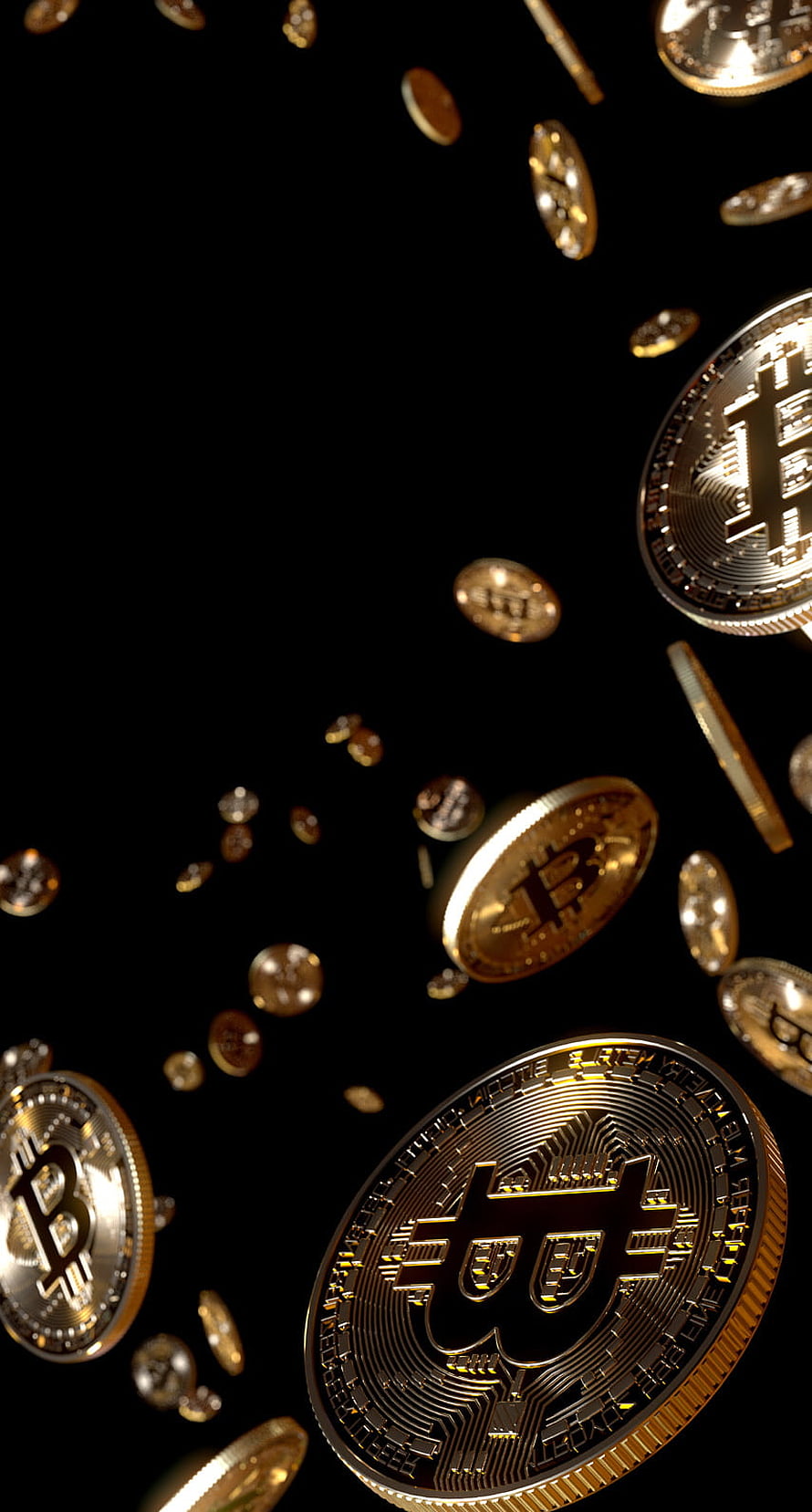 Golden Bitcoin Coins Falling Against a Dark Background HD phone wallpaper